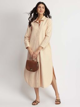Pink Fort - Beige Linen Blend Solid Shirt Dress