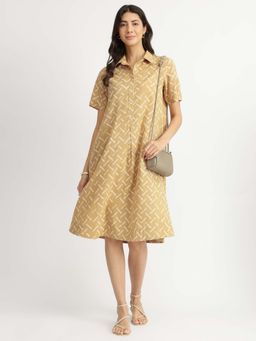 Pink Fort - Yellow Cotton Dabu Geometric Shirt Collar Dress