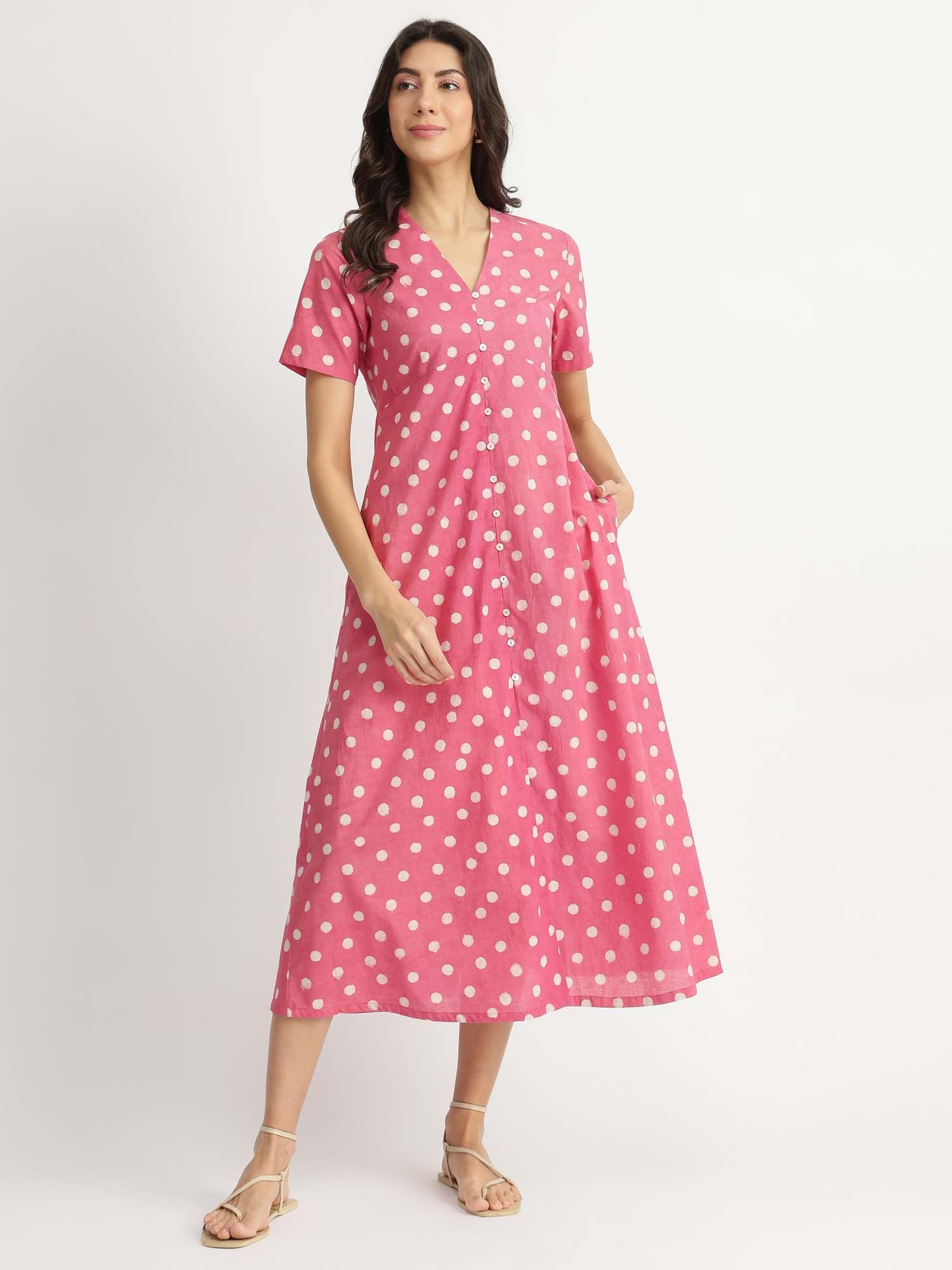 pink fort Pink Cotton Dabu Polka Print Fit and Flare Dress-picture-45