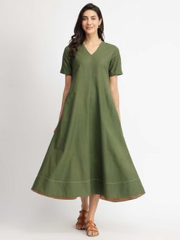 Pink Fort - Olive Green Linen Blend Solid A-Line Dress