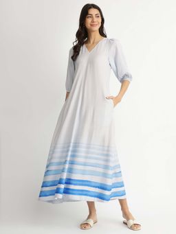 Pink Fort - Grey and Blue Rayon Printed A-Line Dress