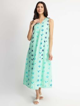 Pink Fort - Green Cotton Floral Printed Motif A-Line Dress
