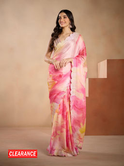 Gajra Gang - Rangeen Gypsy Fuchsia Water Colour Print Diamonte Chinon Saree GGSAR07 (Free Size)