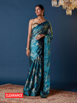 Gajra Gang - Glitterati Teal Soft & Flowy Foil Printed Diamante Scallop Border Saree GGSAR20 (Free Size)