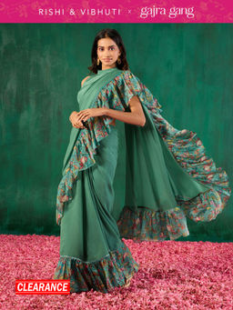 Gajra Gang - Rishi Vibhuti Teal Printed Frill Embellished Ruffled Saree GGRVSAR01