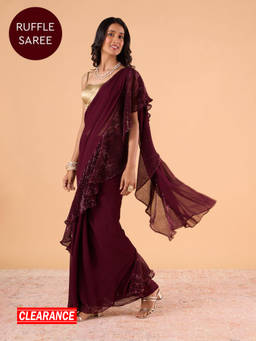 Gajra Gang - Rue De Ruffles Wine Georgette Sequined Ruffle SareeGGRRSAR06 (Free Size)