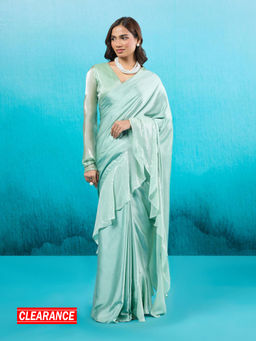 Gajra Gang - Rue de Ruffles Mint Green Satin Seqiuns Ruffled Saree