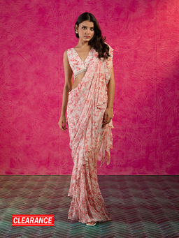 Gajra Gang - Frida Farida Coral Printed Chiffon Ruffled 1-Minute Saree GGFFSAR01 Free Size