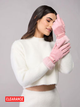 Twenty Dresses by Nykaa Fashion - Light Pink Faux Fur & Buckled Winter Gloves