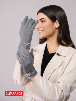 Twenty Dresses by Nykaa Fashion - Grey Bow Detail Faux Fur Edged Winter Gloves