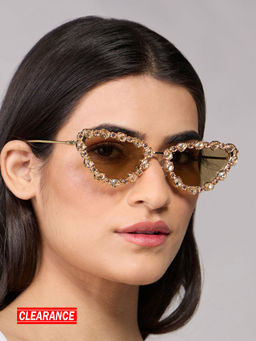 Twenty Dresses by Nykaa Fashion - Gold Zircon Embellished Metal Cat Eye Sunglasses