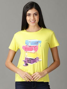 SHOWOFF - Womens Half Sleeves Round Neck Yellow Printed T-Shirt
