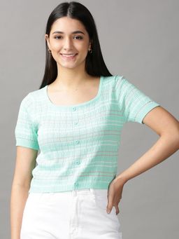 SHOWOFFFF - Womens Square Neck Fitted Self Design Green Top