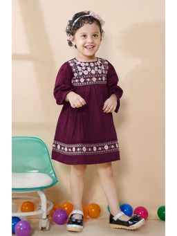 Tiny Twills - Girls Rayon Jacquard Floral Short Yoke Embroidered Dress