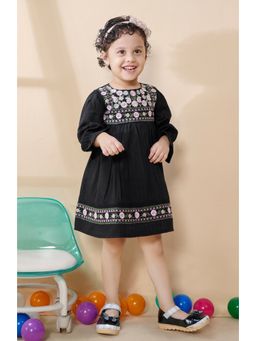 Tiny Twills - Girls Rayon Jacquard Floral Short Yoke Embroidered Dress