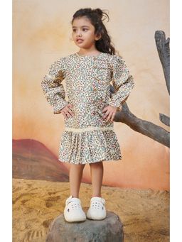 Tiny Twills - Girls Linen Off White Leaf Printed A-Line Frock