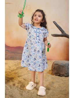 Tiny Twills - Girls Muslin Aari Butterfly Printed Front Buttoned Frock