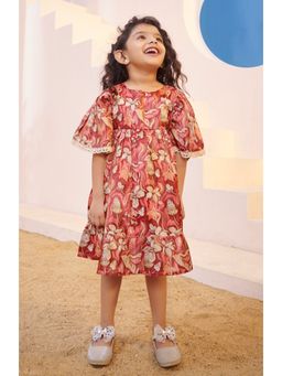 Tiny Twills - Girls Muslin Shimmer Floral Printed Fit and Flared Dress