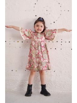 Tiny Twills - Girls Muslin Shimmer Floral Printed Fit and Flared Dress