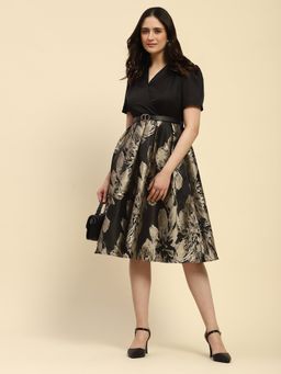 Global Republic - Satin V-Neck Knee Length Dress with Belt