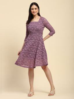 Global Republic - Poly Blend Self-Design Lace Floral Pattern V-Neck Dress