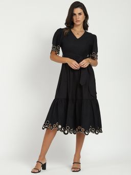 Global Republic - Cotton Solid Cut Work V-Neck Midi Dress with Belt (Set Of 2)