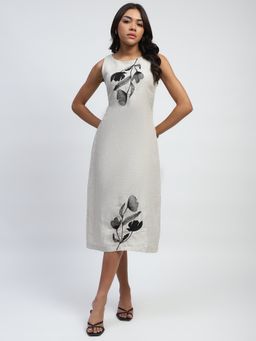 Global Republic - Linen Thread Floral Embroidered Round Neck Dress