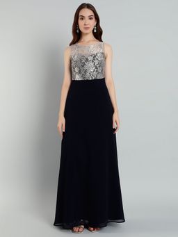 MISH - LUXE By Mish Sleeveless Navy Blue Colour Maxi Dress with Lace Detail