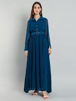 MISH - LUXE By Mish Teal Flared Fit Maxi Dress with Long Cut Cuff Detail Sleeves
