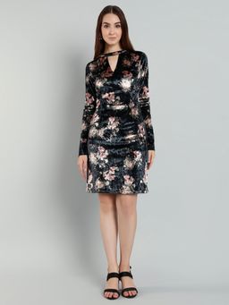 MISH - LUXE By Mish Black Knee Length Dress with Floral Print