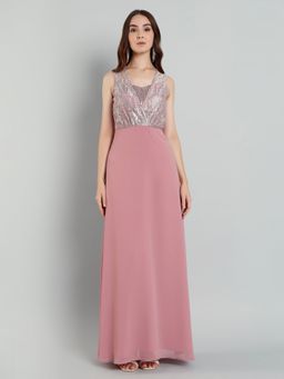 MISH - LUXE By Mish Baby Pink Sleeveless Fit and Flared Maxi Dress with Lace Detail