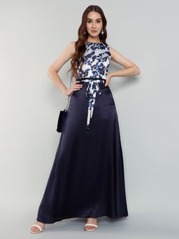 MISH - LUXE By Mish Navy Blue Floral Printed Sleeveless Maxi Dress