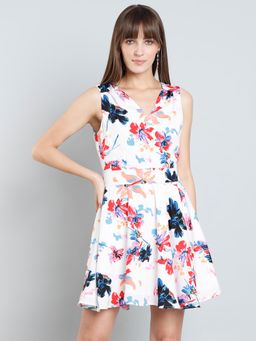 MISH - LUXE By Mish White Sleeveless, Floral Printed Fit and Flare Mini Dress