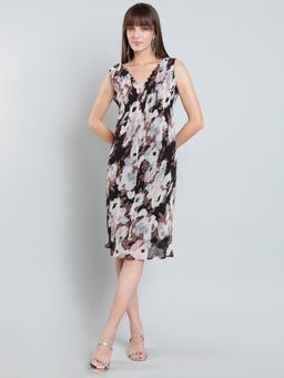MISH - LUXE By Mish Brown Stylized V-Neckline Knee Length Dress