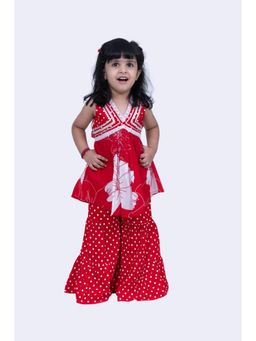 TWISHA - Smart Pansies And Polka Printed Top & Sharara -Red & White (Set of 2)