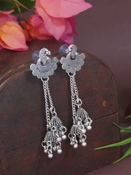 I Jewels - Ethnic Oxidised Peacock Design Ghungroo Earrings for Women