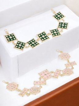 OOMPH - Combo Of 2 Green and Pink Ethnic Meenakari and Kundan Hair Chain