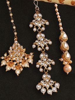 OOMPH - Combo Of 3 Gold Tone Kundan and Pearls Floral Wedding Delicate Maangtikka