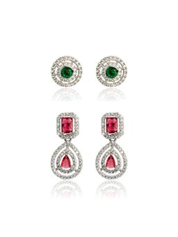 Yellow Chimes - Multi-Color Ruby Zircon Silver Plated Stud & Drop Earrings (Pack of 2)