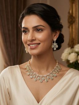 Yellow Chimes - Multi-Color Zircon Gold Plated Festive Necklace and Earrings Set