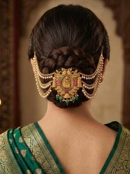 Yellow Chimes - Gold Ruby Stone Temple Style Bridal Juda Pin Hair Chain