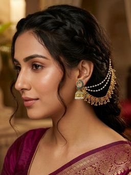 Yellow Chimes - Multi-Color Kundan Gold Plated Temple Multi Strand Bridal Chain Earrings