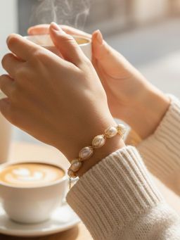 Yellow Chimes - Off White Gold Plated Pearl Chain Elegant Oval Pearl Link Bracelet