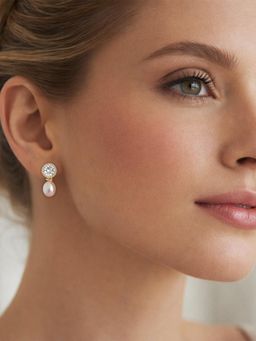 Yellow Chimes - White Gold Plated Pearl Crystal Halo Pearl Dangle Drop Earrings