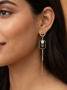 Yellow Chimes - Black Enamel Geometric Drop Earrings Asymmetrical Crystal Dangler