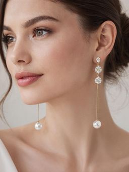 Yellow Chimes - White Gold Plated Crystal Pearl Long Drop Earrings
