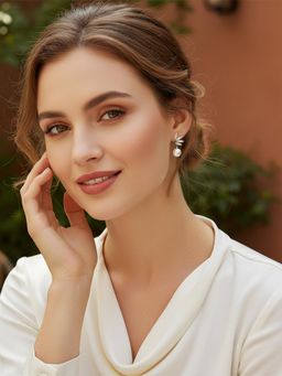 Yellow Chimes - White Pearl Drop Zircon Silver Tone Crystal Leaf Drop Earrings