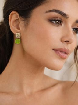 Yellow Chimes - Gold Plated Green Stone Statement Drop Earrings