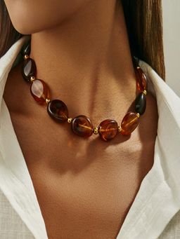 AQUASTREET - Gold Plated Anti-Tarnish Big Brown Acrylic Resin Beaded Necklace