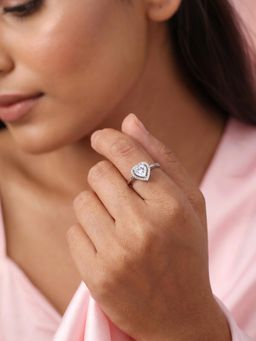 Ornate Jewels - 925 Silver Rhodium Plated White American Diamond Heart Loves Ring